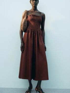 H&M Smocked Cotton Dress Chocolate Brown Stretch & Side Zip XL NWT